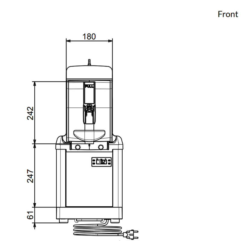 Crathco Model No. SP1 slush and cold cream dispenser front dimensions