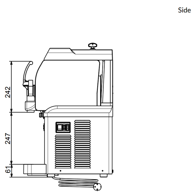 Crathco Model No. SP1 slush and cold cream dispenser side dimensions