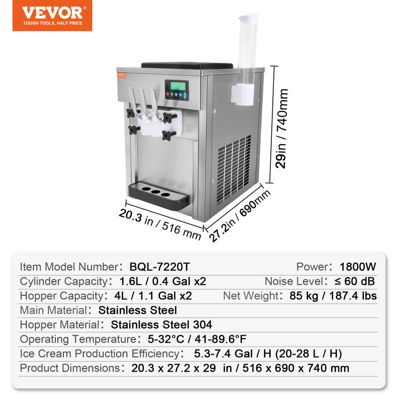 VEVOR Soft Serve 21QTpH Ice Cream Machine specs