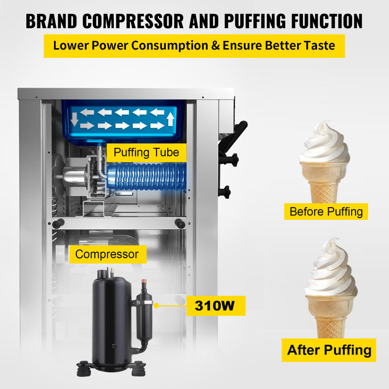 VEVOR Commercial Soft Serve Ice Cream Frozen Yogurt Machine Single-Flavor 3.4Gal/H Yield Countertop Pre-Cooling LED Intelligent Panel