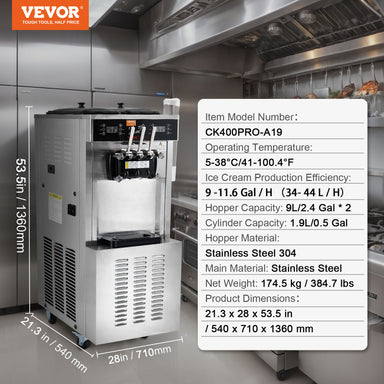 VEVOR Soft Serve 34 44 LpH Ice Cream Machine specs