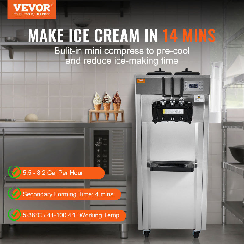 VEVOR Soft Serve 5.3 7.4 GpH 2200W Ice Cream Machine 14 mins