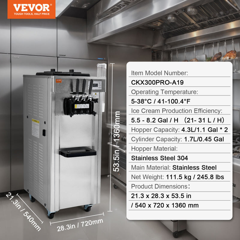 VEVOR Soft Serve 5.3 7.4 GpH 2200W Ice Cream Machine specs