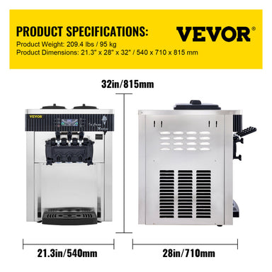 VEVOR Soft Serve 7.4GpH Ice Cream Machine specs