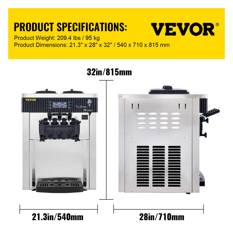 VEVOR Soft Serve 7.4GpH Ice Cream Machine specs