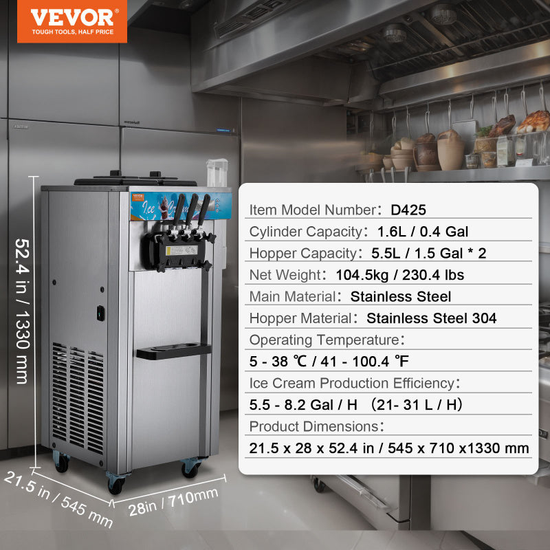 VEVOR Soft Serve floor 21 31 LpH Ice Cream Machine specs