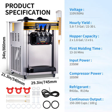 VEVOR Soft Serve floor 22 30 LpH Ice Cream Machine spec