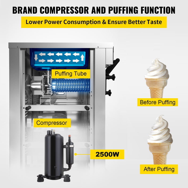 VEVOR Soft Serve floor two 12 L hoppers Ice Cream Machine puffing